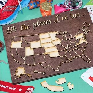 Hand-crafted wooden map- oh the places I’ve run display